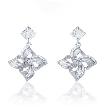 Silver Tone Square Baroque Four Leaf Flower Shaped Earrings