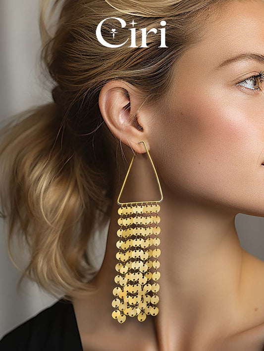 Dazzling gold triangle sequin tassel earrings