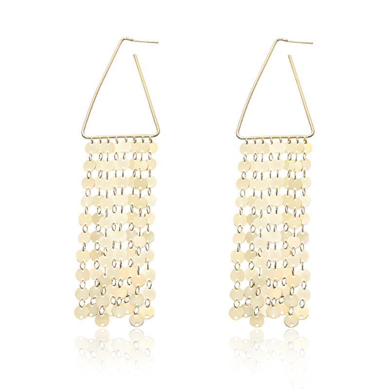 Dazzling gold triangle sequin tassel earrings