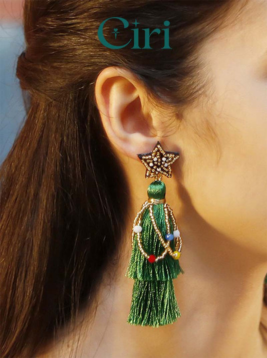 Green Fringe Beaded Christmas Tree Earrings