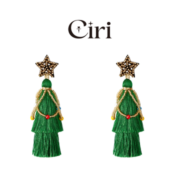 Green Fringe Beaded Christmas Tree Earrings