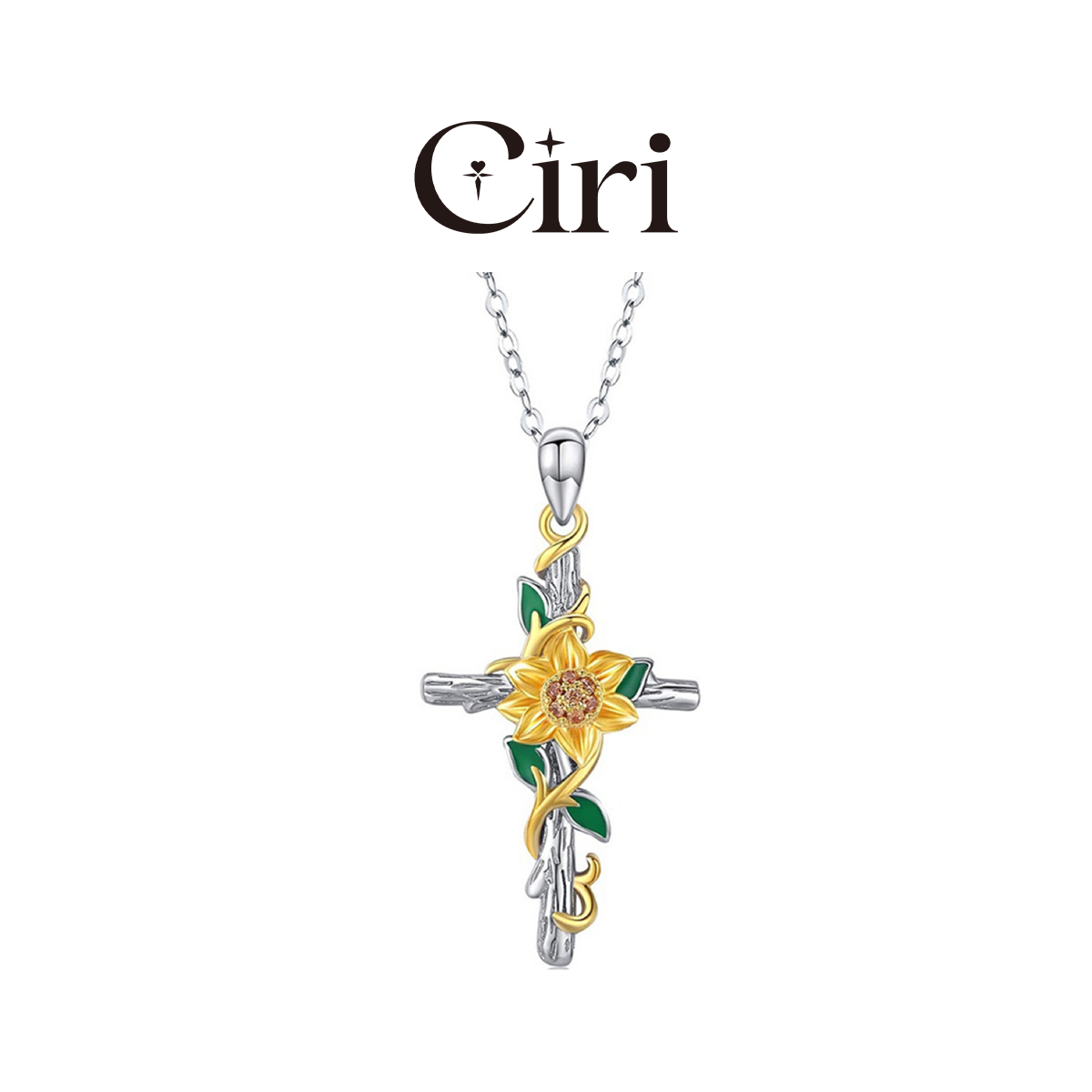 Oil Painting Style Three Dimensional Sunflower Cross Pendant Necklace