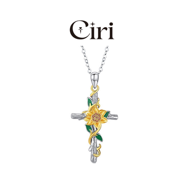 Oil Painting Style Three Dimensional Sunflower Cross Pendant Necklace