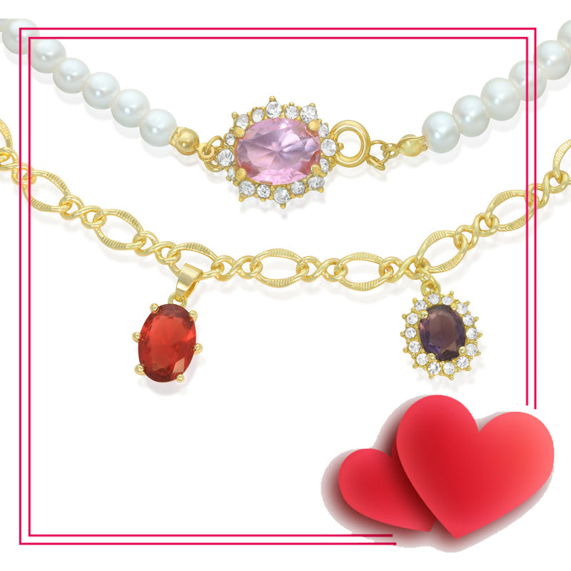 A choker of red-purple gemstones necklaces & A pearl-pink  gemstones chokers