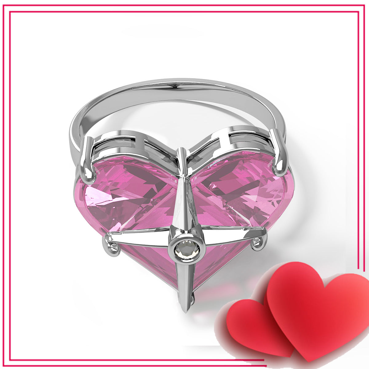 Four-Pointed Star Embellished Pink Diamond Heart Shaped Ring